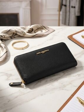 Karl Lagerfeld paris black Gold Tone Womens Coin Card zip around wallet
